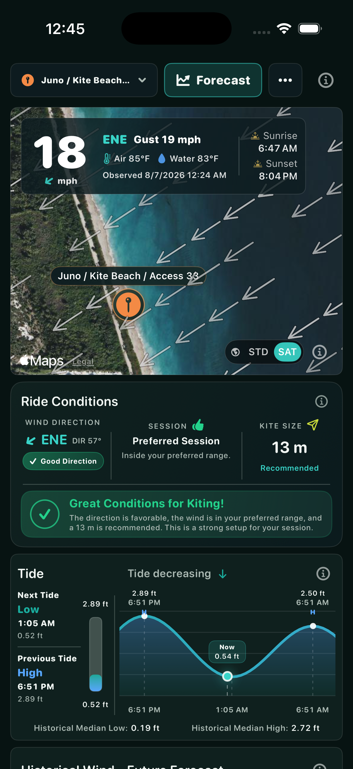 WindSage tide card and current tide graph.